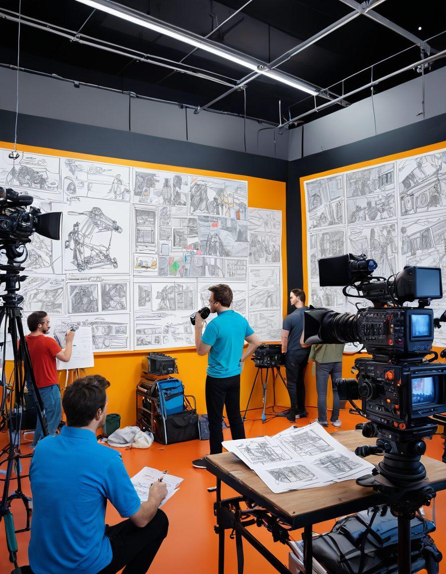 A visually dynamic scene showcasing a film set in action, with a director, camera crew, and vibrant video equipment. Include a storyboard in the foreground with sketches and notes, capturing the creative process. Use various vibrant colors to emphasize energy, with a background of a bustling production environment to reflect the journey from concept to screen. super-realistic. vibrant colors. 3D.