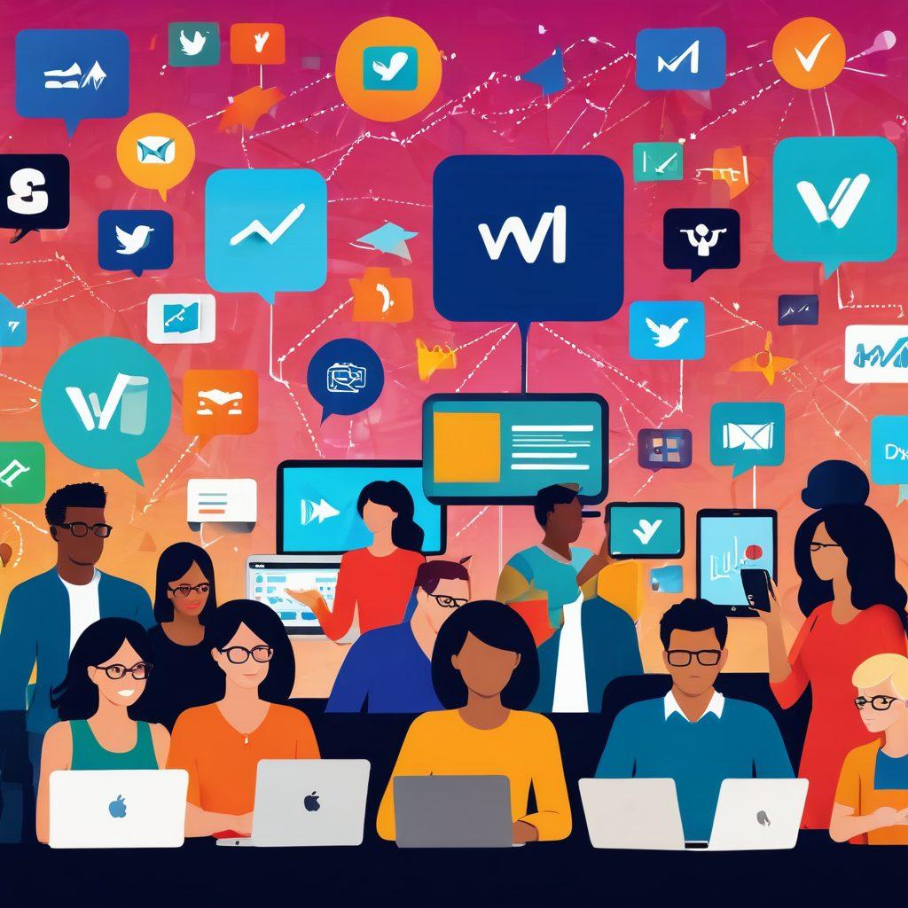 A vibrant collage of diverse people engaging with vlogs on various devices like smartphones, tablets, and laptops. In the background, colorful graphs and charts signify growth and reach, with social media icons floating around. The atmosphere is energetic and inviting, showcasing excitement in sharing content. Incorporate dynamic elements like bright arrows pointing outward to symbolize expansion. vector art. vibrant colors. white background.